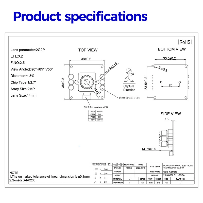 Wide Dynamic Range 2MP 1080P 30fps Fixed Focus USB Camera Module with Ar0230 Chip for Face Recognition